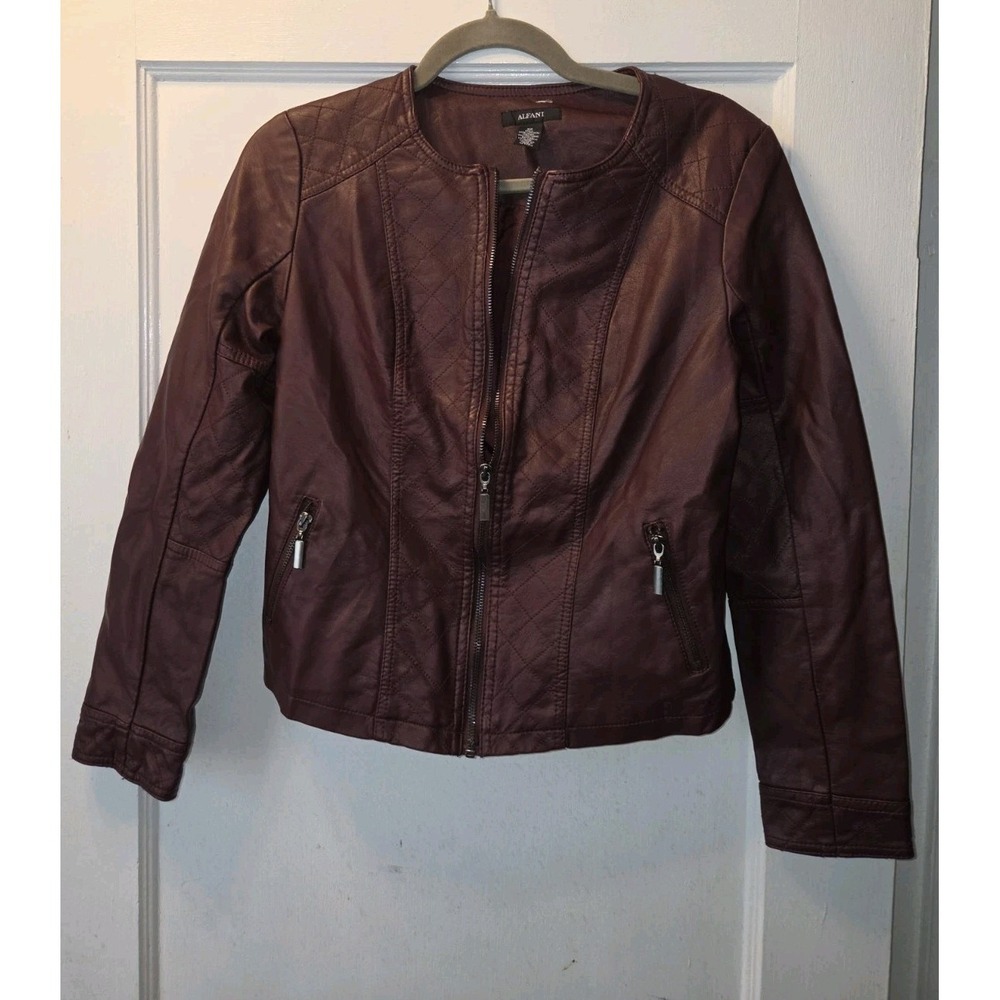 Alfani Women's Burgundy Faux Leather Jacket Quilted Zip Front Size XS